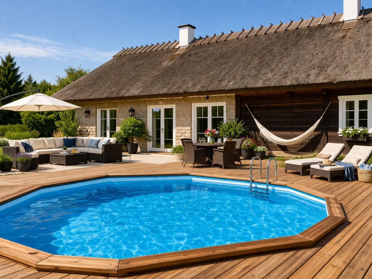 Aastaringne aiabassein terrassil maamaja juures – paigaldusvalmis välibassein paigaldatud puhkealale