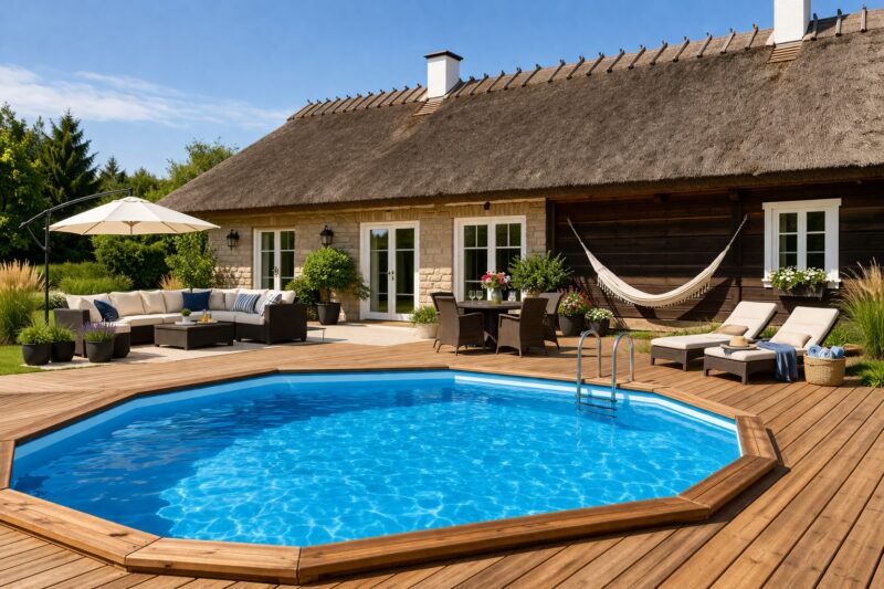 Aastaringne aiabassein terrassil maamaja juures – paigaldusvalmis välibassein paigaldatud puhkealale