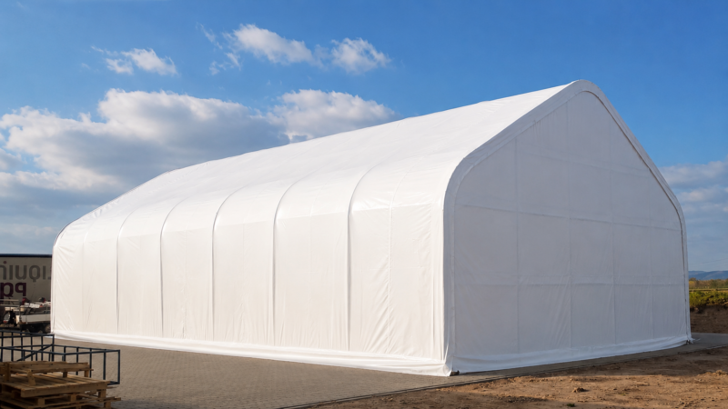 Suur valge PVC viilhall mõõdus 12x24m tugeva teraskarkassi ja avara sissepääsuga.