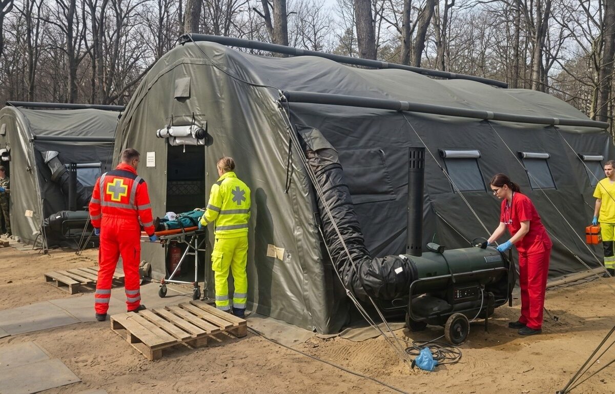 Kõrgsurveraamil kiirpüstitatav roheline militaartelk metsasel maastikul, sissepääsu juures on näha soojendusagregaat ja sees põleb soe valgus.