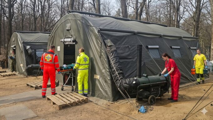 Kõrgsurveraamil kiirpüstitatav roheline militaartelk metsasel maastikul, sissepääsu juures on näha soojendusagregaat ja sees põleb soe valgus.