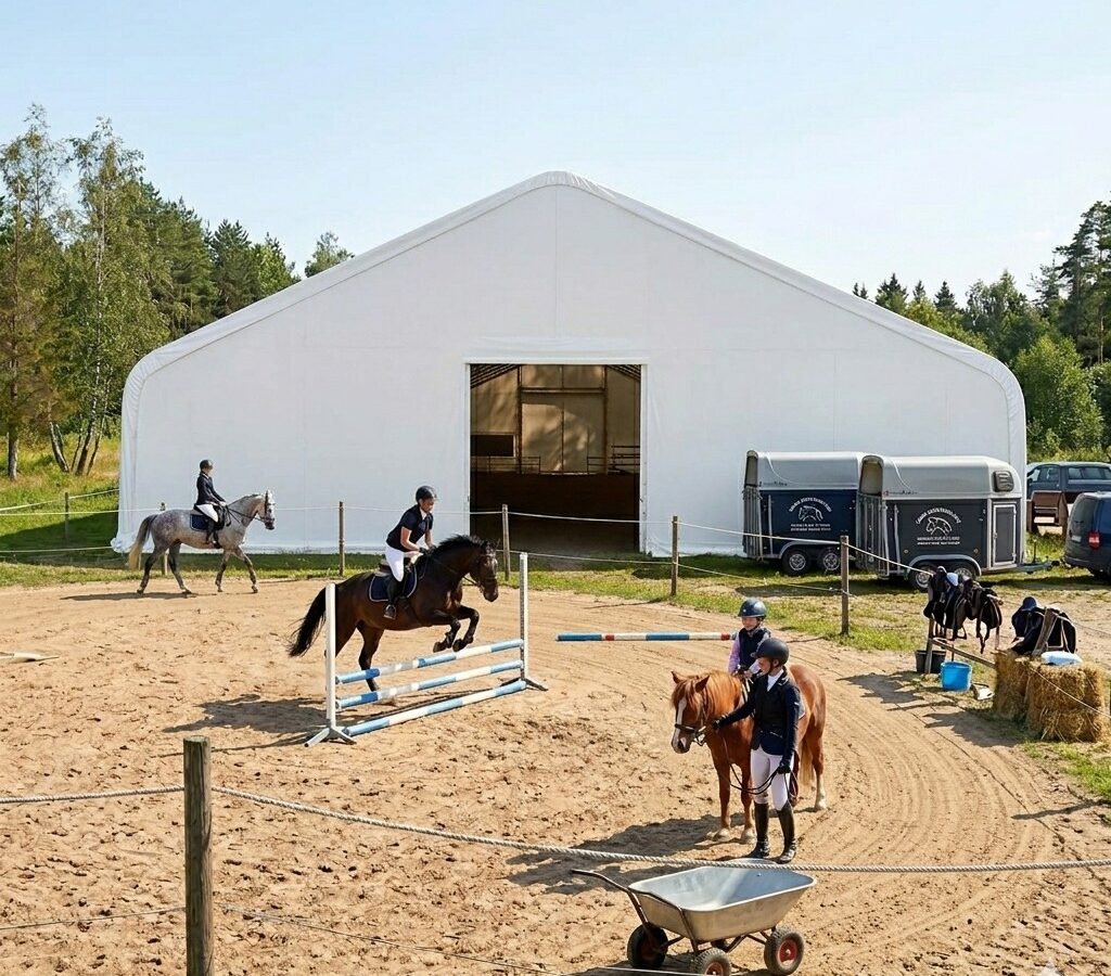 PVC maneež 64x22m ratsaspordi hall hobuste treeninguks ja varjualuseks