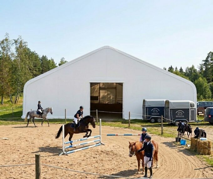 PVC maneež 64x22m ratsaspordi hall hobuste treeninguks ja varjualuseks