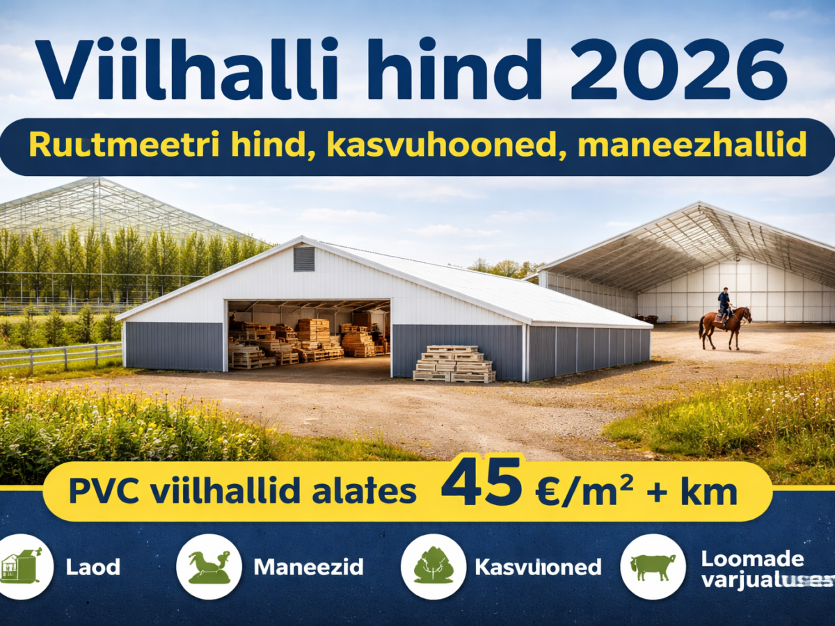 PVC viilhall 20x40m viilkatus, läbikumav PVC materjal, päikesepaistelises Eesti põllumajandusmaastikus, ladustatud tooted esiplaanil