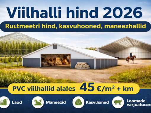 PVC viilhall 20x40m viilkatus, läbikumav PVC materjal, päikesepaistelises Eesti põllumajandusmaastikus, ladustatud tooted esiplaanil
