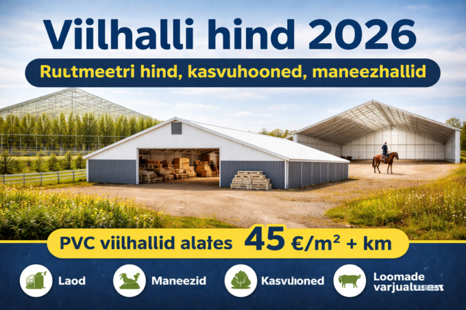 PVC viilhall 20x40m viilkatus, läbikumav PVC materjal, päikesepaistelises Eesti põllumajandusmaastikus, ladustatud tooted esiplaanil